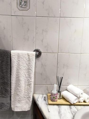 a bathroom with towels on a counter next to a sink at Narciso's House in São Vicente