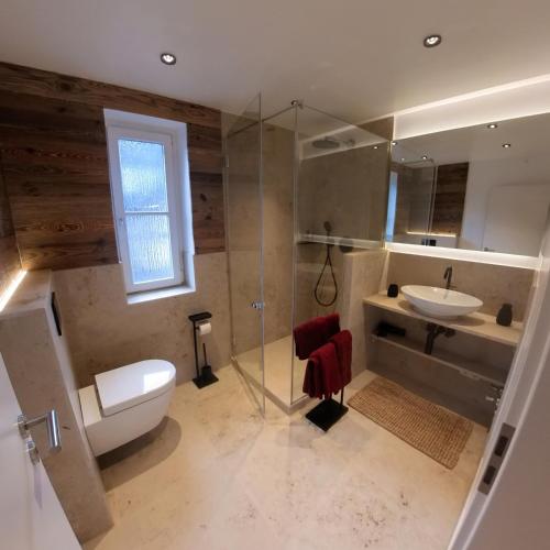 a bathroom with a toilet and a sink and a shower at Erftstege#4 in Bad Münstereifel