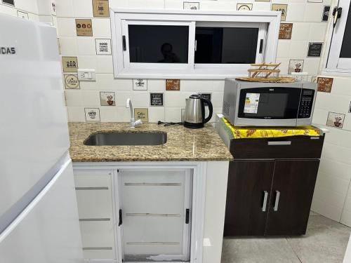 una cucina con lavello e microonde di Raices del Parana a Puerto Rico