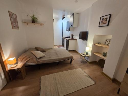 a bedroom with a bed and a television in it at Studio Bezine, Charmant petit studio centre ville in Angoulême
