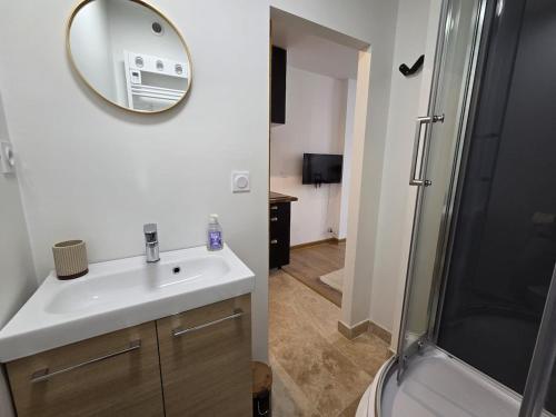 a bathroom with a sink and a shower with a mirror at Studio Bezine, Charmant petit studio centre ville in Angoulême