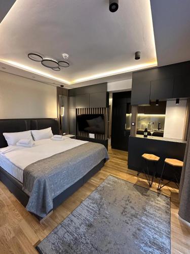 a bedroom with a large bed and a kitchen at Vila Golija Peak Suites in Kopaonik