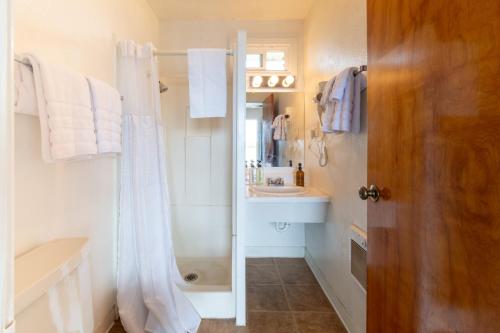 un bagno bianco con lavandino e doccia di Ala Cozy Motel a Coulee City
