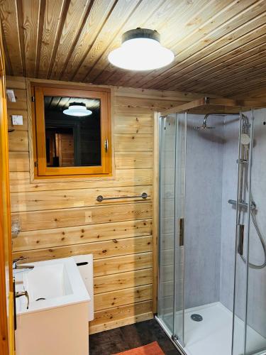 a bathroom with a shower and a sink at Chalet individuel 8 pers à Chatel Porte du soleil avec Jacuzzi exterieur in Châtel