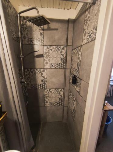 a shower in a bathroom with a tile wall at Menyecske Guesthouse in Keszü