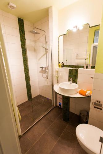 a bathroom with a shower and a sink at Vollumen Business-Juniorsuite in Redwitz an der Rodach