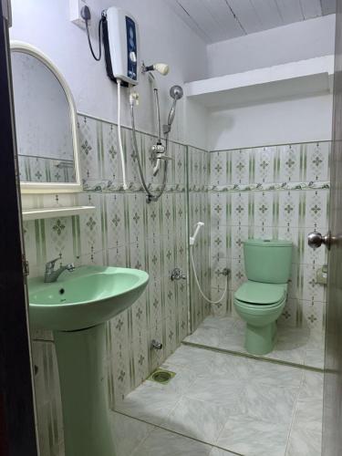 a bathroom with a green toilet and a sink at Schanigarten in Deniyaya