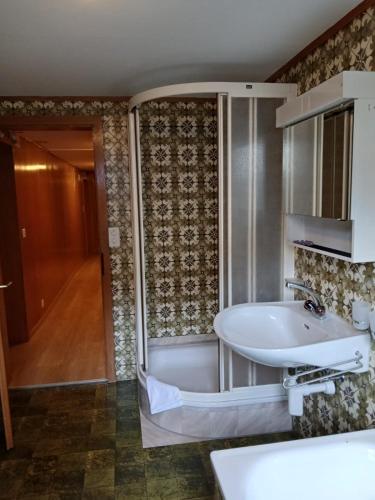 a bathroom with a sink and a shower at Hostel Engelberg "mein Trail Hostel" in Engelberg