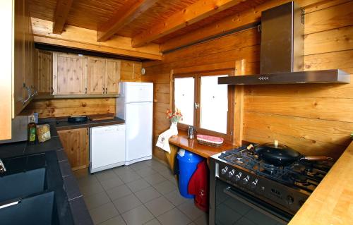 a kitchen with wooden walls and a stove top oven at Odalys Chalet le Soleil Levant in Les Deux Alpes