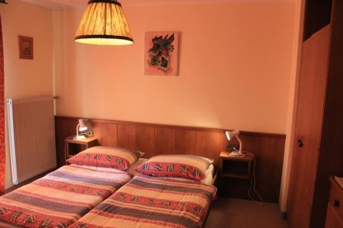 2 Betten in einem kleinen Zimmer mit orangefarbenen Wänden in der Unterkunft Haus Sigrid in Bad Kleinkirchheim