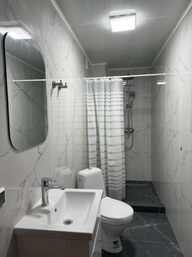 a white bathroom with a toilet and a sink at Floris in Myta