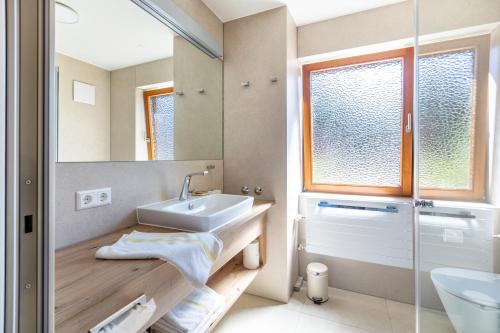 a bathroom with a sink and a mirror at PAPPELHOF Landurlaub mit Panoramablick - Motorradunterkunft Fahrradunterkunft in Bad Bellingen