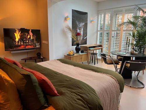 a bedroom with a bed with a fireplace on the wall at B&B Urban Oasis with Free Parking in Amsterdam