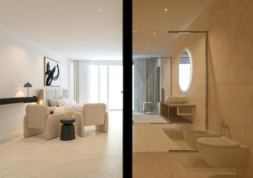 twee foto's van een slaapkamer en een woonkamer bij Fenici Levanzo Hotel - Adults Only in Levanzo