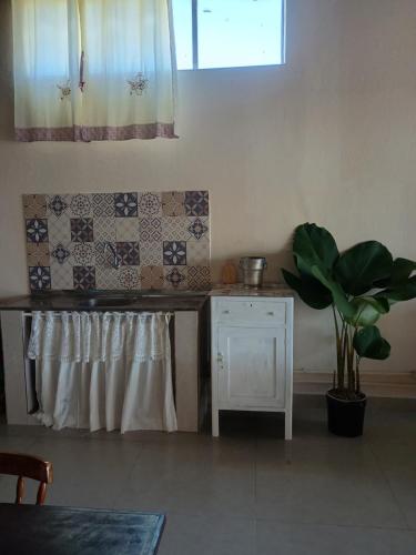 een keuken met een tafel en een plant in een kamer bij Canto do Atlântico in Ilha Comprida