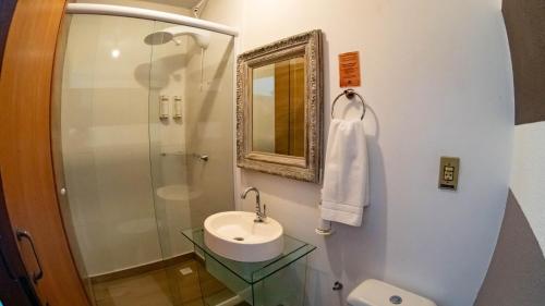 een badkamer met een wastafel en een douche bij Pousada Portal do Vigolo in Nova Trento