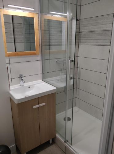 een badkamer met een glazen douche en een wastafel bij Villa Raphaëlle #3 Centre ville avec parking in Le Havre