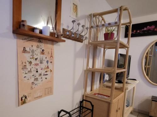 ein Zimmer mit einem Bücherregal und einem Regal mit einem Regal in der Unterkunft À la campagne, studio 25m2-pour 2 au calme, wifi, jardin, parking in Yèvres