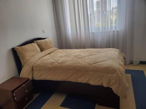 亚的斯亚贝巴4 bedrooms Duplex Apartment at Bole的卧室里有一张床，配有床头柜和一扇窗户