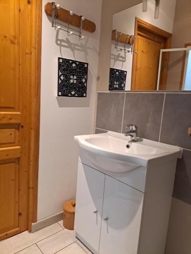 a bathroom with a white sink and a mirror at La Petite Longère in Talcy