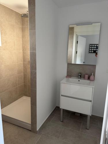 een badkamer met een wastafel en een douche bij Résidence de l'Authie in Groffliers