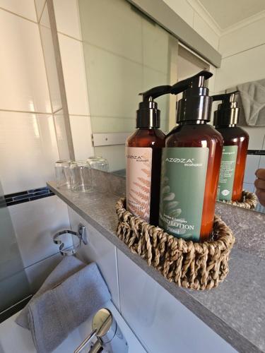 two bottles of soap on a counter in a bathroom at Central Apartment in Radstadt