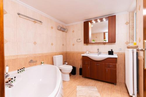 a bathroom with a tub and a toilet and a sink at Villa Dreamy View in Agia Ermioni