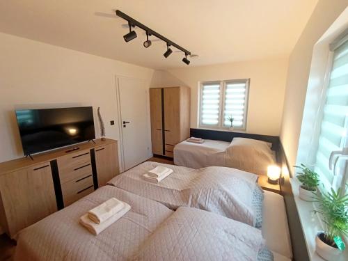 a bedroom with two beds and a flat screen tv at Apartament Chyża , jacuzzi , taras , parking in Zamość