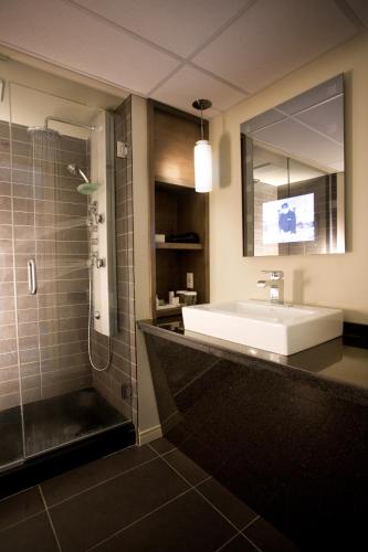 a bathroom with a sink and a shower with a mirror at Auberge Godefroy in Bécancour