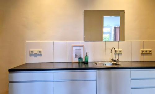 a kitchen with a sink and a mirror at Guesthouse Bij de Groenestraat in Nijmegen