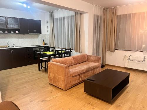 ein Wohnzimmer mit Sofa und Tisch in der Unterkunft St. Anastasia Apartments in Bansko