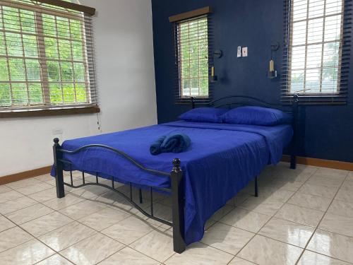 een blauwe slaapkamer met een bed met blauwe lakens bij Still Point Guesthouse in Crown Point