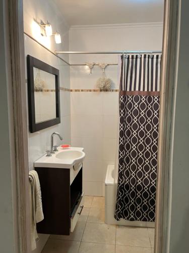 een badkamer met een wastafel en een douchegordijn bij Casa La Azulita in Lobos