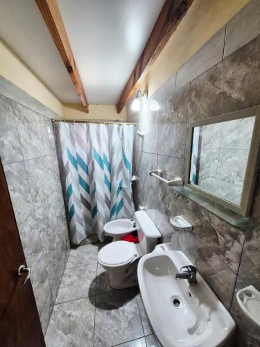 a bathroom with a sink and a toilet and a mirror at Cabañas La Carlota in Trapiche
