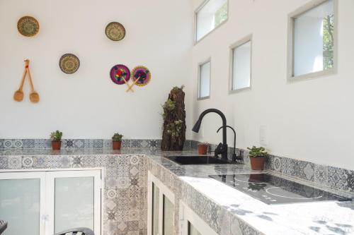 a kitchen with a sink and a counter top at La Casa del Mural - Suites Condesa in Mexico City