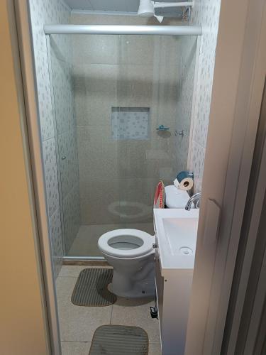 a bathroom with a shower and a toilet and a sink at Loft confortável in Morro do Chapéu