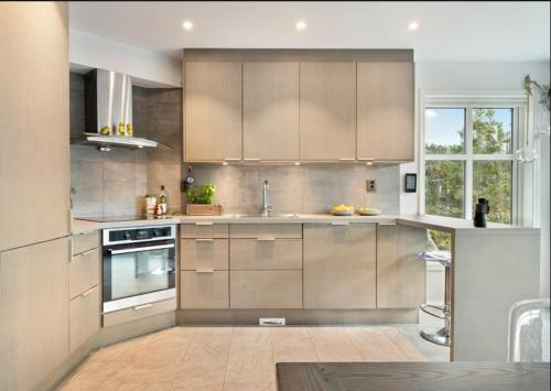 ForlandSvært nydelig fritidshytte的厨房配有不锈钢用具和窗户