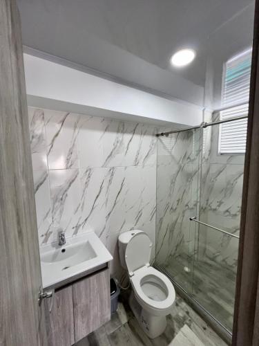 een badkamer met een toilet, een wastafel en een douche bij Mavile ViSa in La Tebaida