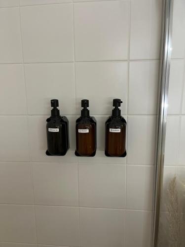 Er staan drie flessen zeep op een plank in de badkamer. bij See-Maisonette mit Wellness-Sauna in Öhningen