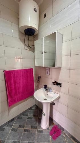 a bathroom with a sink and a pink towel at Pure Haven in Mbale