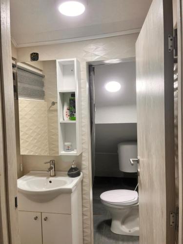a small bathroom with a sink and a toilet at Apartman Sunce in Sarajevo