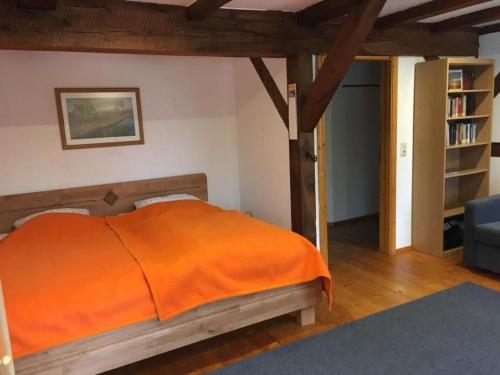 a bedroom with an orange bed and a book shelf at Apartment Kastanienblick by Interhome in Ziethen