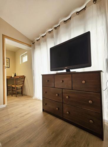 una televisione in cima a un comò in un soggiorno di L'Annexe Privative a Roquemaure