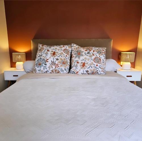 un letto con due cuscini sopra e due lampade di L'Annexe Privative a Roquemaure