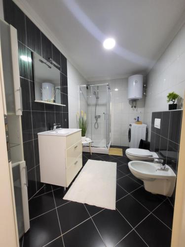 a bathroom with two sinks and a shower and two toilets at KRUNA Apartment in Cazin