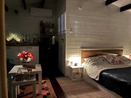 - une chambre avec un lit et une petite table avec un sidx dans l'établissement Mika Tiny House, à Daia