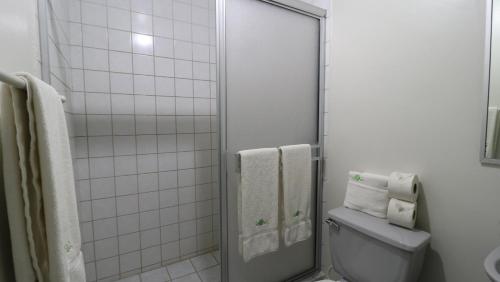 a bathroom with a toilet and a shower with towels at HOTEL BUGAMBILIAS in Ensenada