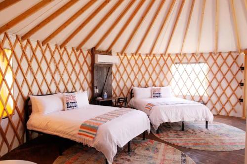 a room with two beds in a yurt at Johnny Yurts in Johnson City