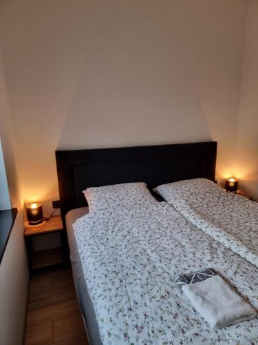 ein Bett in einem Schlafzimmer mit zwei Lampen an Tischen in der Unterkunft Apartament z tarasem in Kutno