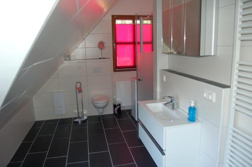 ein Bad mit einem Waschbecken und einem WC in der Unterkunft Naturstamm Ferienhaus in Trassenheide